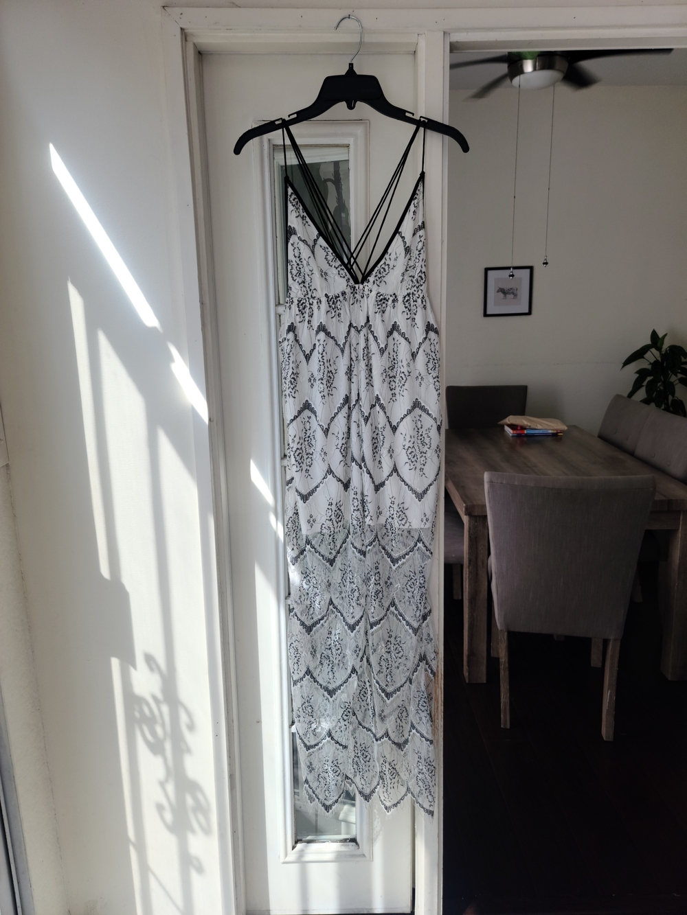 Black and White Lace-Print Maxi Dress with Strappy Back